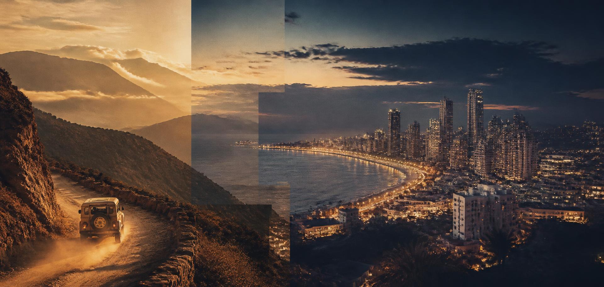 Dirt mountain road at golden hour opening onto a glittering coastal skyline at dusk